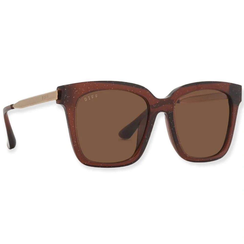 DIFF Bella Sunglasses Festive Chestnut Frames Brown Lens Sparkle Square Sunnies